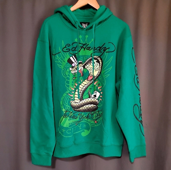 Ed Hardy Green New York City Snake Poker Graphic Hoodie Size XL NWT - Picture 9 of 9